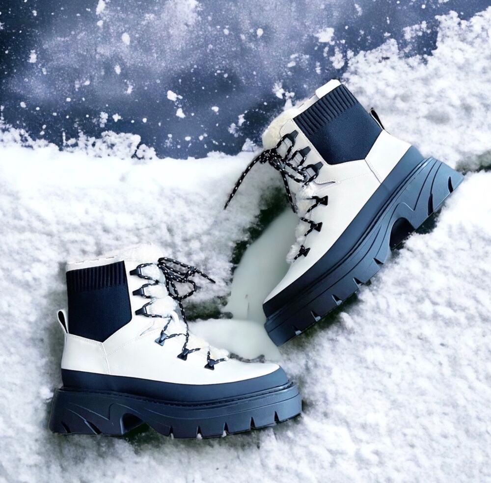 New! Marc Fisher Izuma Lugsole Boots in White/Black - Size 7.5 (MSRP $259) - Picture 1 of 11